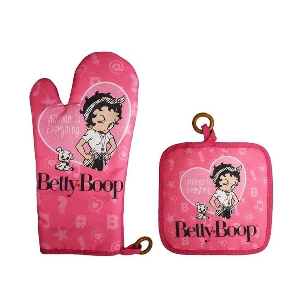 New Pink Oven Mitt & Potholder Set Betty Boop Pudgy Gift Kitchen Attitude Photo